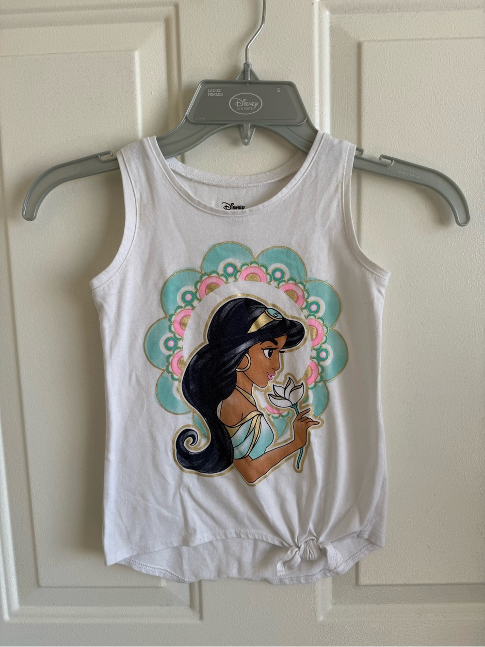 Disney White Tank Top with Jasmine Graphic and Pastel Floral Backdrop